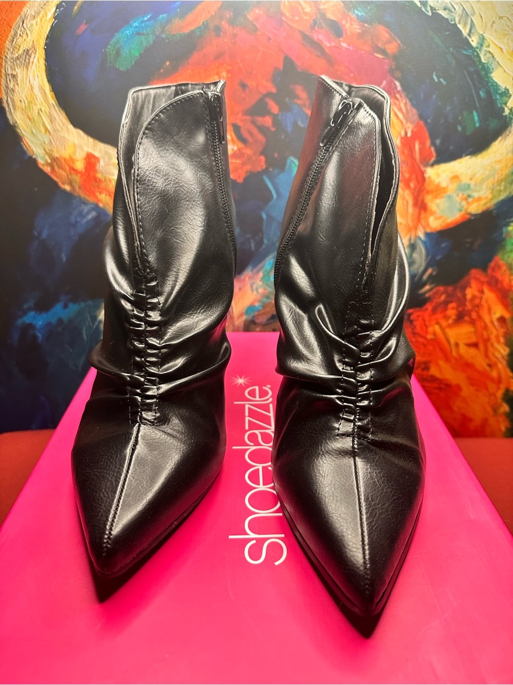 Shoe Dazzle Black Pointed Ruched Ankle Heeled Boots